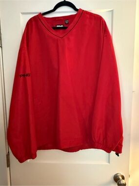 PING Men’s XXL Red V-Neck Golf Windbreaker Pullover Jacket Black Trim